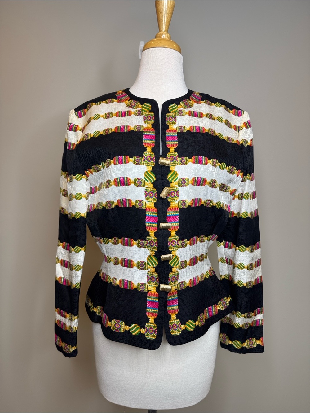 Adrianna Papell Black & White Striped Embellished Jacket with Multicolor Trim